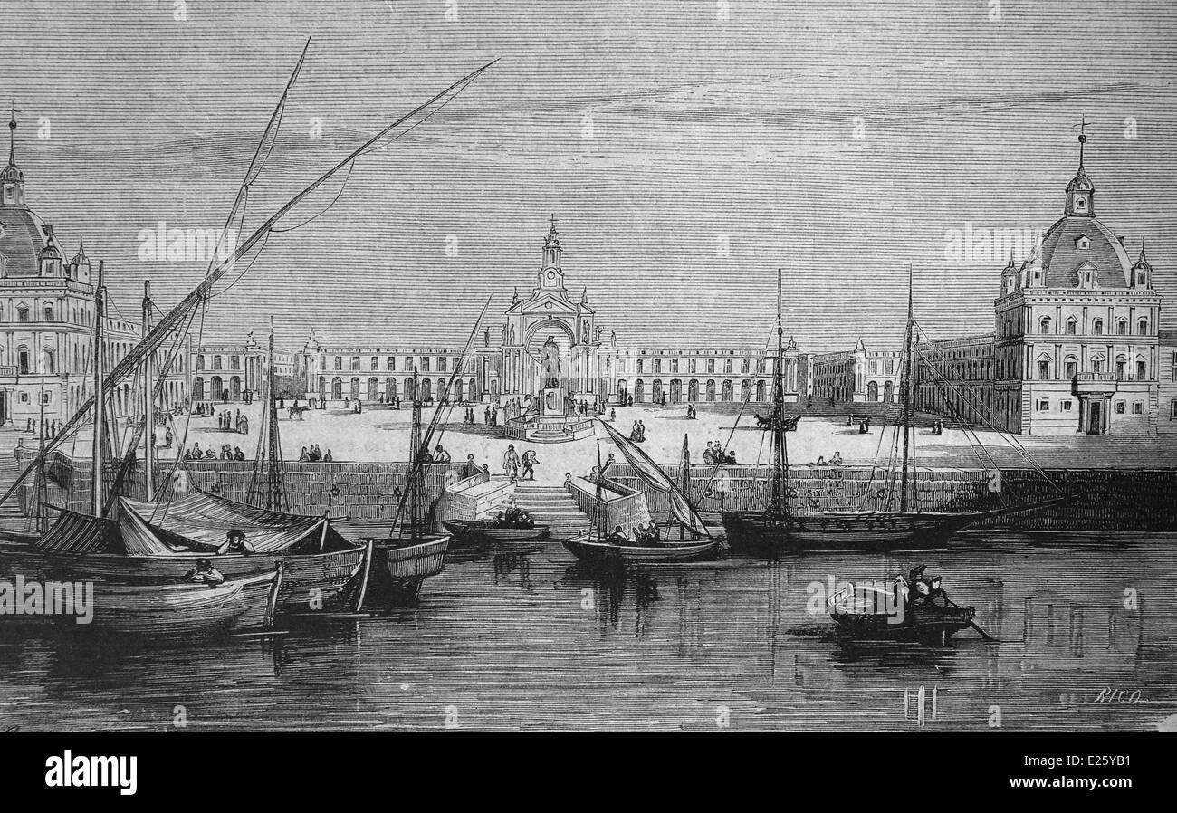 Portugal. Lissabon. Commerce Square. Sehen Sie die Statue von König José I und den Bogen. Kupferstich von Rico. Stockfoto