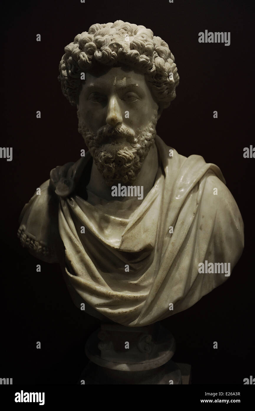 Marcus Aurelius (121-180 n. Chr.). Römischer Kaiser. Römische Büste. Marmor. Aus Kandilli, Lamunia (Bozhoyuk). Stockfoto