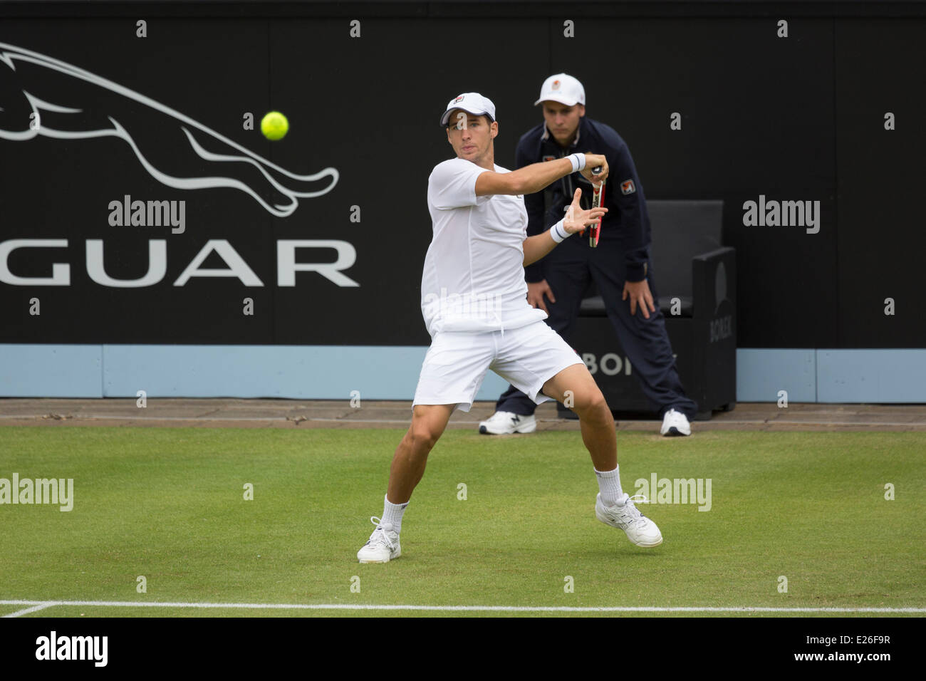 Dusan Lajovic (SRB) in Aktion bei den ATP Topshelf Open Tennis Championships auf Autotron, Rosmalen,'s-Hertogenbosch, Niederlande. Bildnachweis: Gruffydd Thomas/Alamy Live-Nachrichten Stockfoto