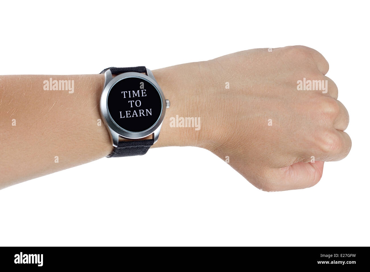Eine Hand, eine schwarze Armbanduhr zu tragen. Zeit zu lernen, Konzept Stockfoto