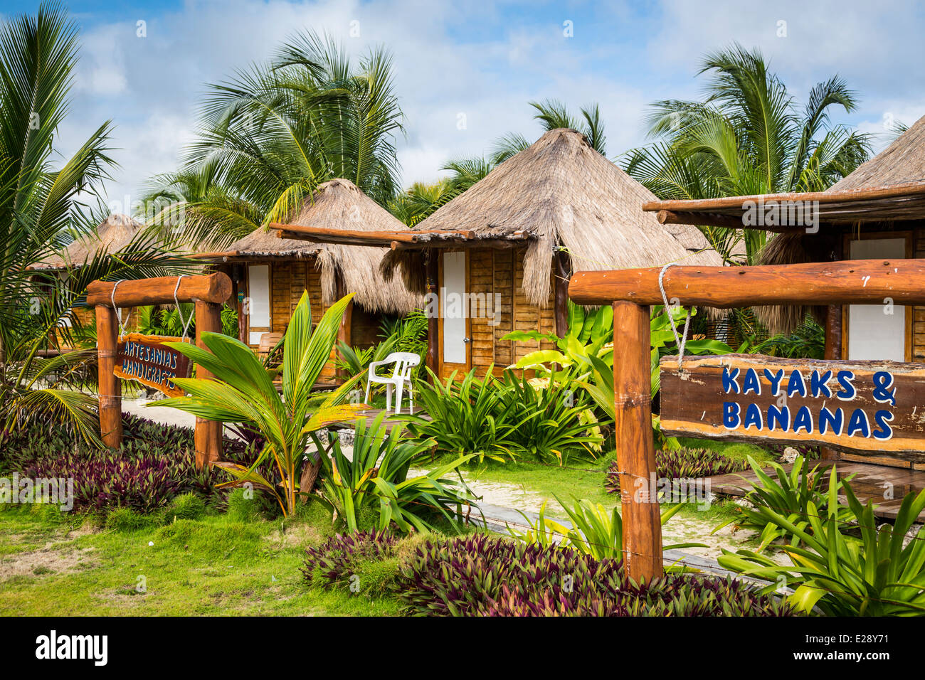 Beach Cottage Unterkunft im Dorf Mahahual, Mexiko. Stockfoto