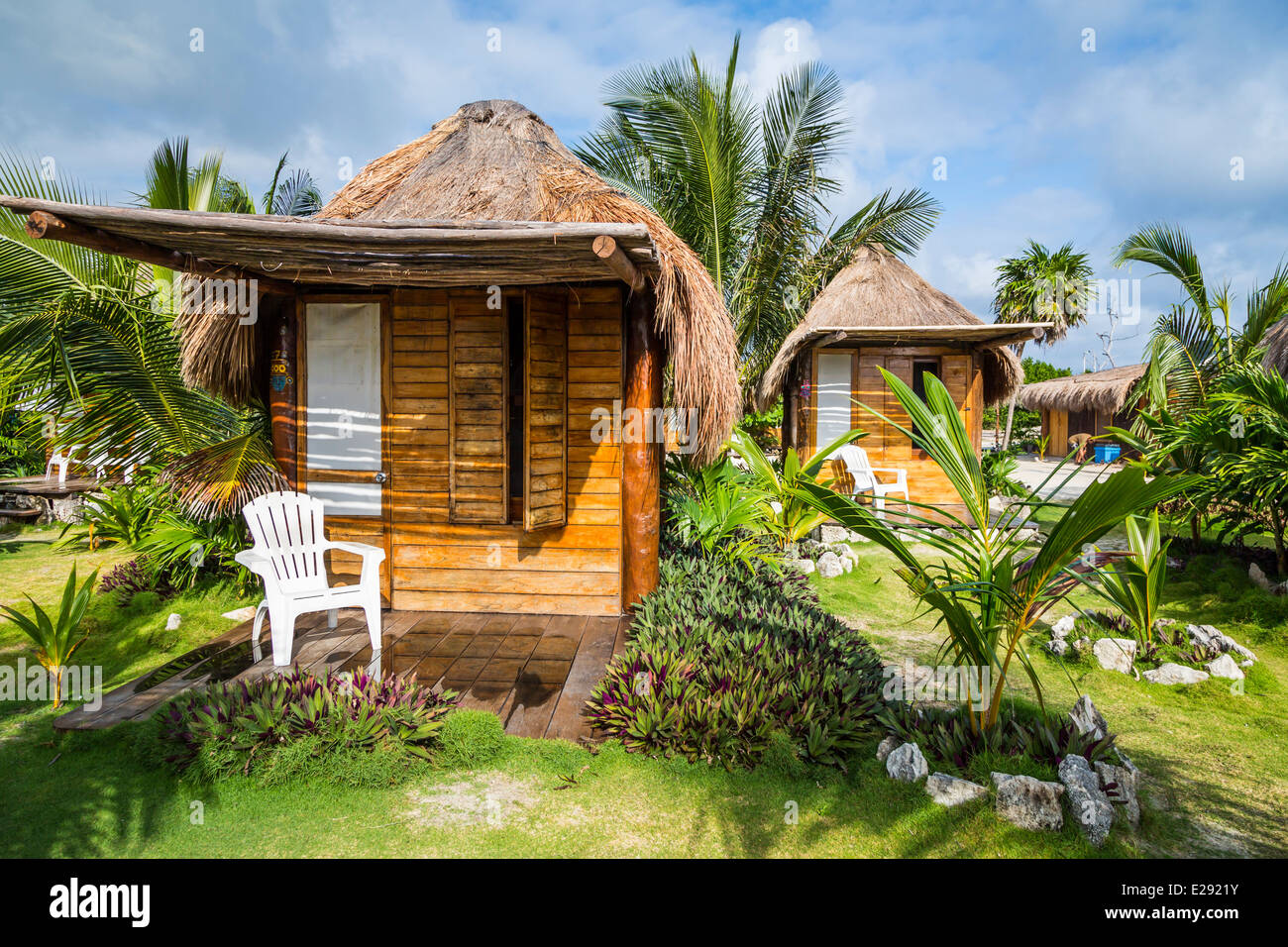 Beach Cottage Unterkunft im Dorf Mahahual, Mexiko. Stockfoto