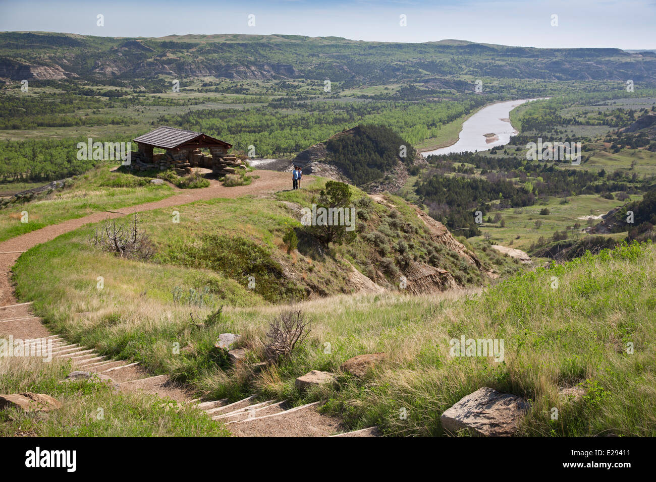 Der River Bend Aussichtspunkt in der Nord-Einheit von Theodore-Roosevelt-Nationalpark. Stockfoto