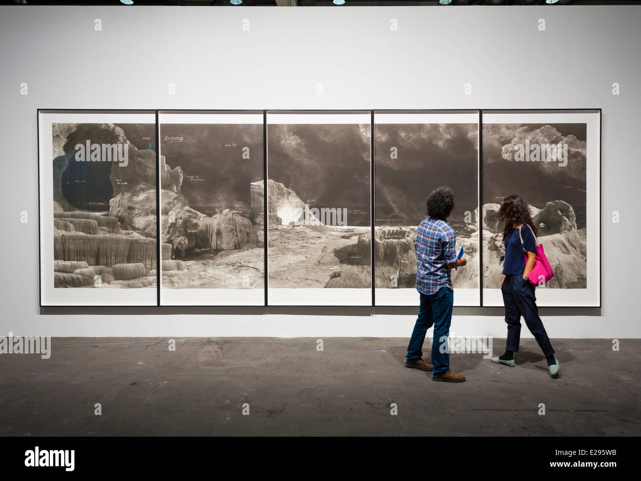 Basel, Schweiz. 17. Juni 2014. Besucher beobachten das Gemälde "Quatemary" von Tacita Dean auf der Art Basel 2014 in Basel, Schweiz. Zwei Tage vor der Eröffnung für die Öffentlichkeit am 19. Juni haben die Medien einen privaten Blick auf Art Basel 2014, eines der weltweit größten und spektakulärsten moderne Versammlungen. Im Jahr 2013 lockte die Messe 70000 Besucher über sechs Tag zeigen. Bildnachweis: Erik Tham/Alamy Live-Nachrichten Stockfoto