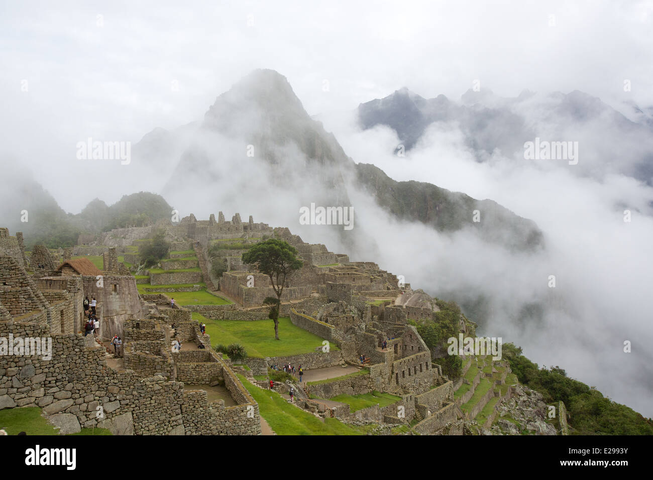 Schöne und geheimnisvolle Machu Picchu, die verlorene Stadt der Inkas, in den peruanischen Anden, bei Sonnenaufgang. Stockfoto