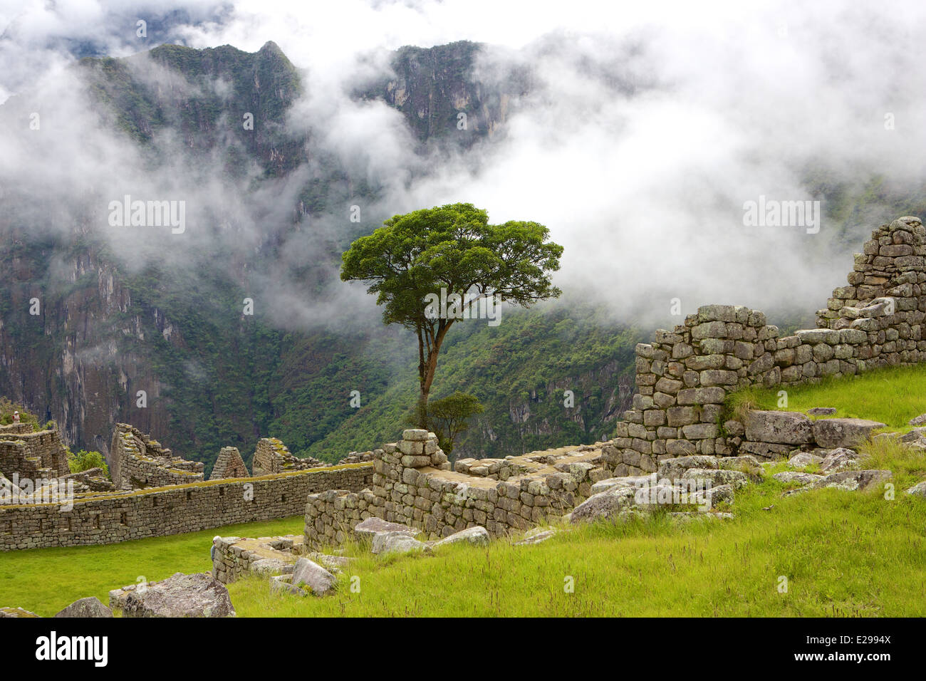 Schöne und geheimnisvolle Machu Picchu, die verlorene Stadt der Inkas, in den peruanischen Anden, bei Sonnenaufgang. Stockfoto