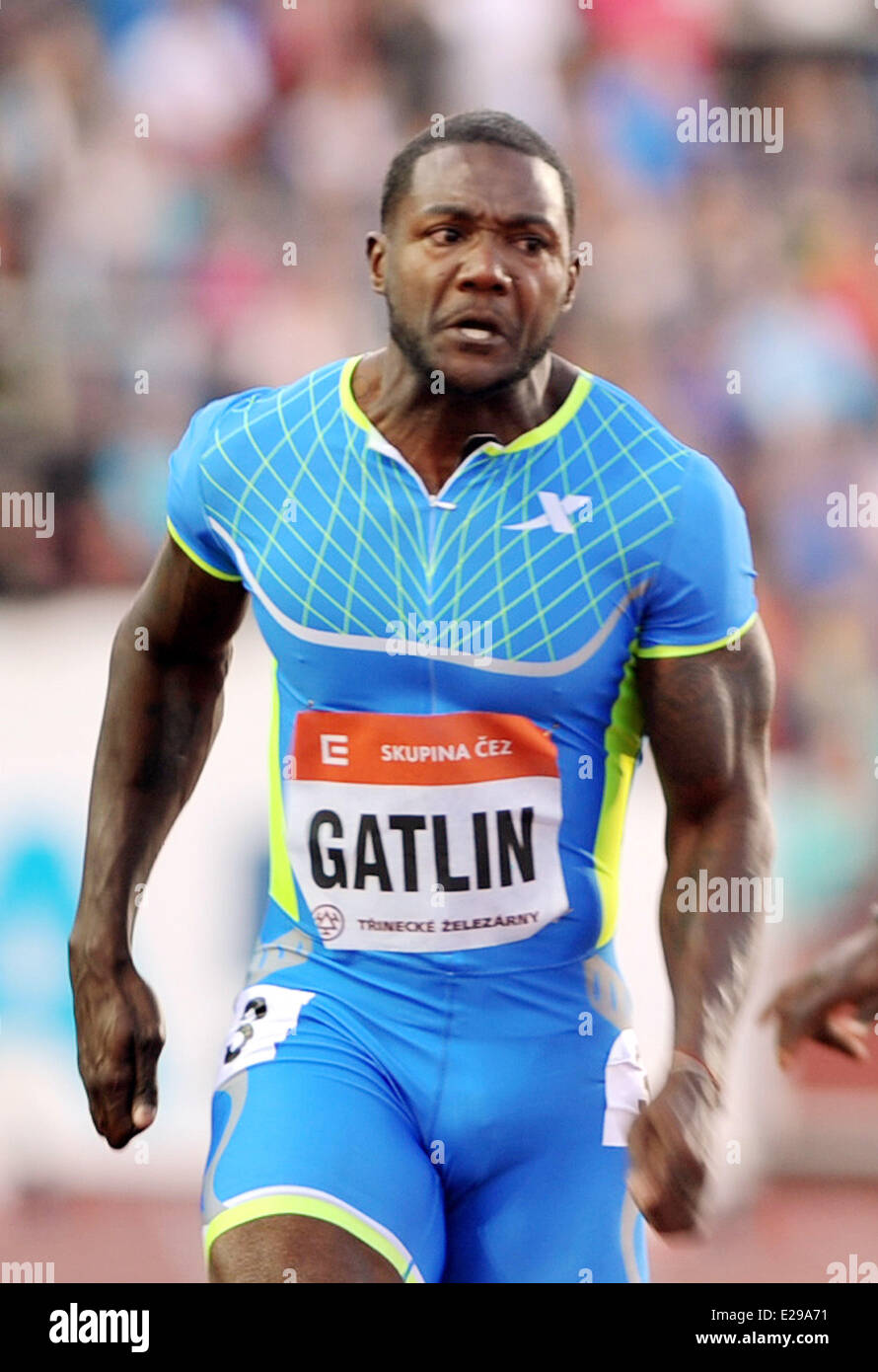 Ostrava, Tschechische Republik. 17. Juni 2014. Justin Gatlin aus USA reagiert, wie er die Männer 100 m Rennen auf der Golden Spike Athletic Meeting in Ostrava, Tschechische Republik, Dienstag, 17. Juni 2014 gewinnt. Bildnachweis: Jaroslav Ozana/CTK Foto/Alamy Live-Nachrichten Stockfoto