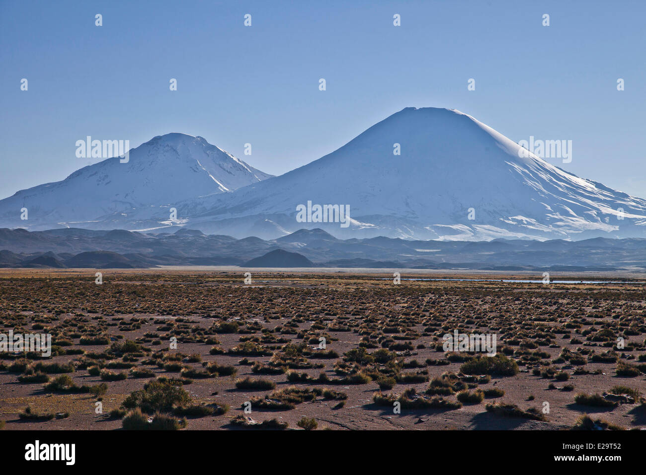 Chile, Arica Region, Lauca Nationalpark, Vulkane Parinacota und Pomerape Stockfoto