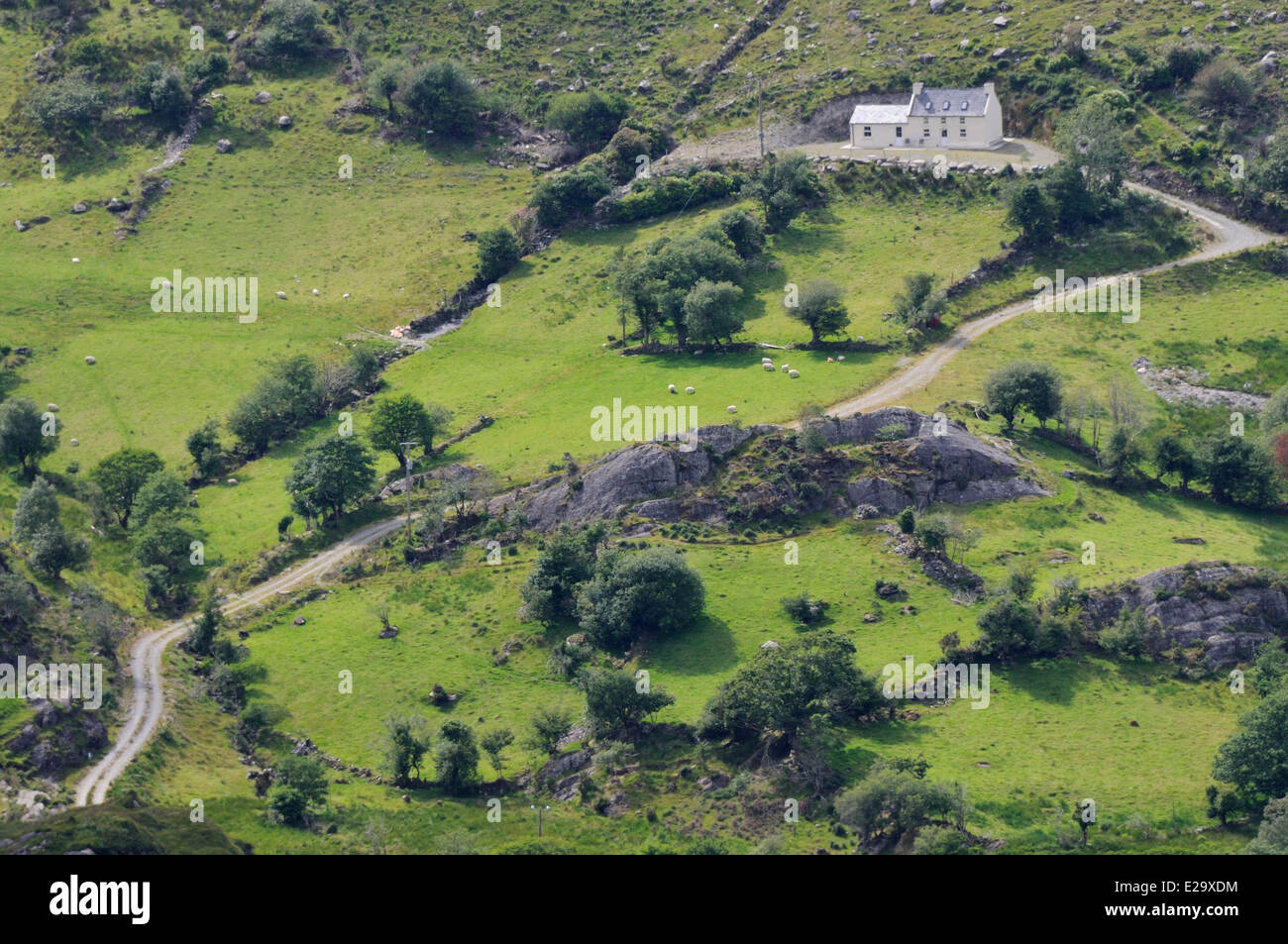 Irland, County Kerry, Beara Halbinsel, einsames Haus gesehen von der Spitze des Healy Pass (334 m) Stockfoto
