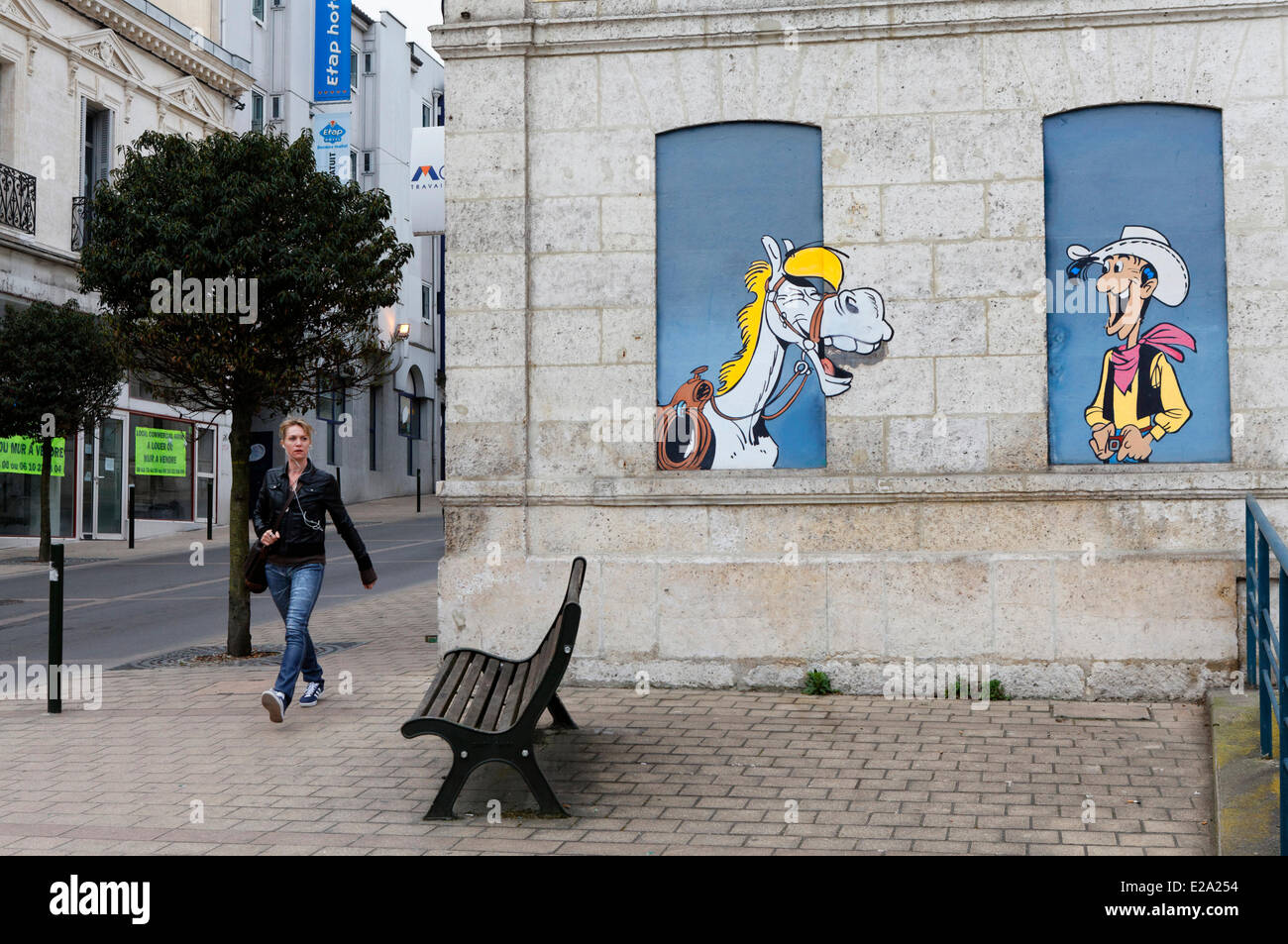 Frankreich, Charente, Angouleme, Wandbild von Joly Jumper und Lucky Luke von Morris Stockfoto