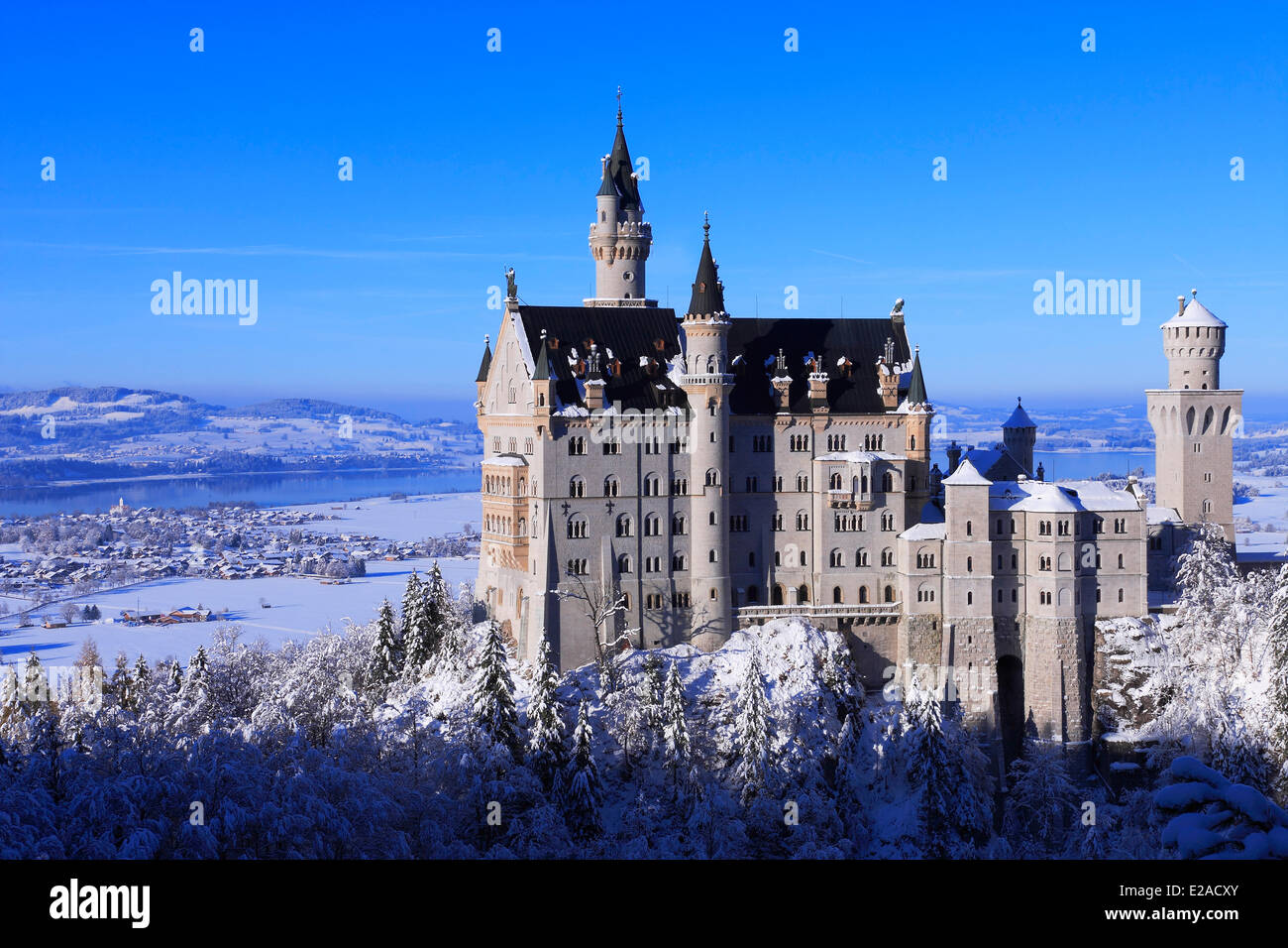 Das Schloss Neuschwanstein mit See Forggensee im Winter - 27. November 2013 Stockfoto