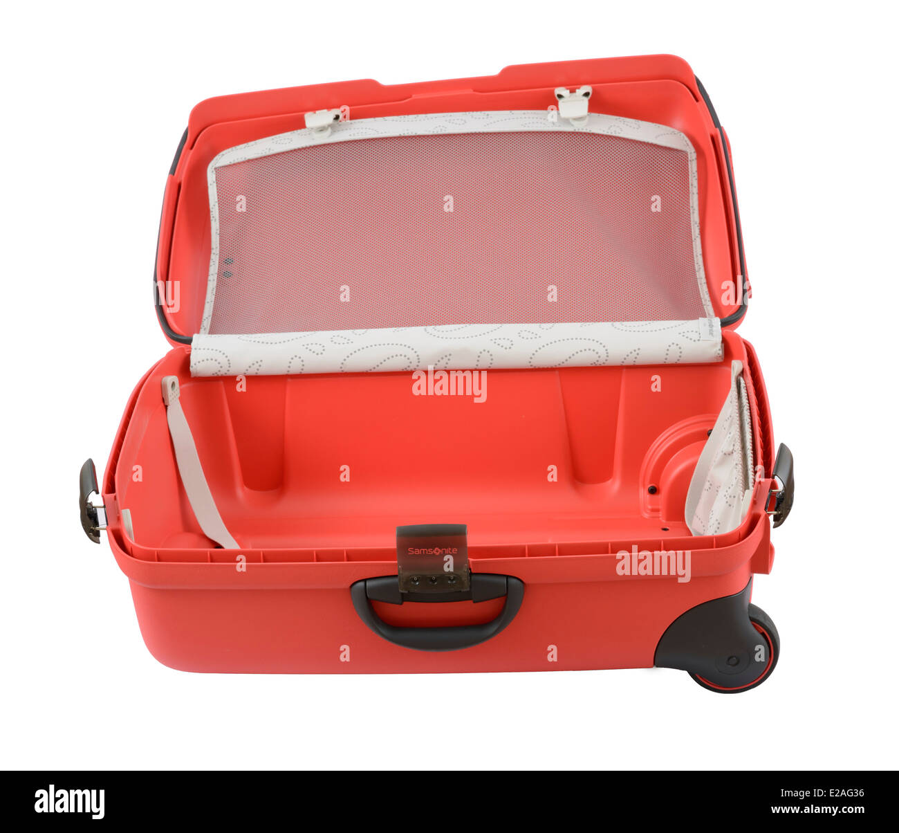 Offenen roten Samsonite Rollen Trolley Koffer isoliert auf weißem Hintergrund Stockfoto