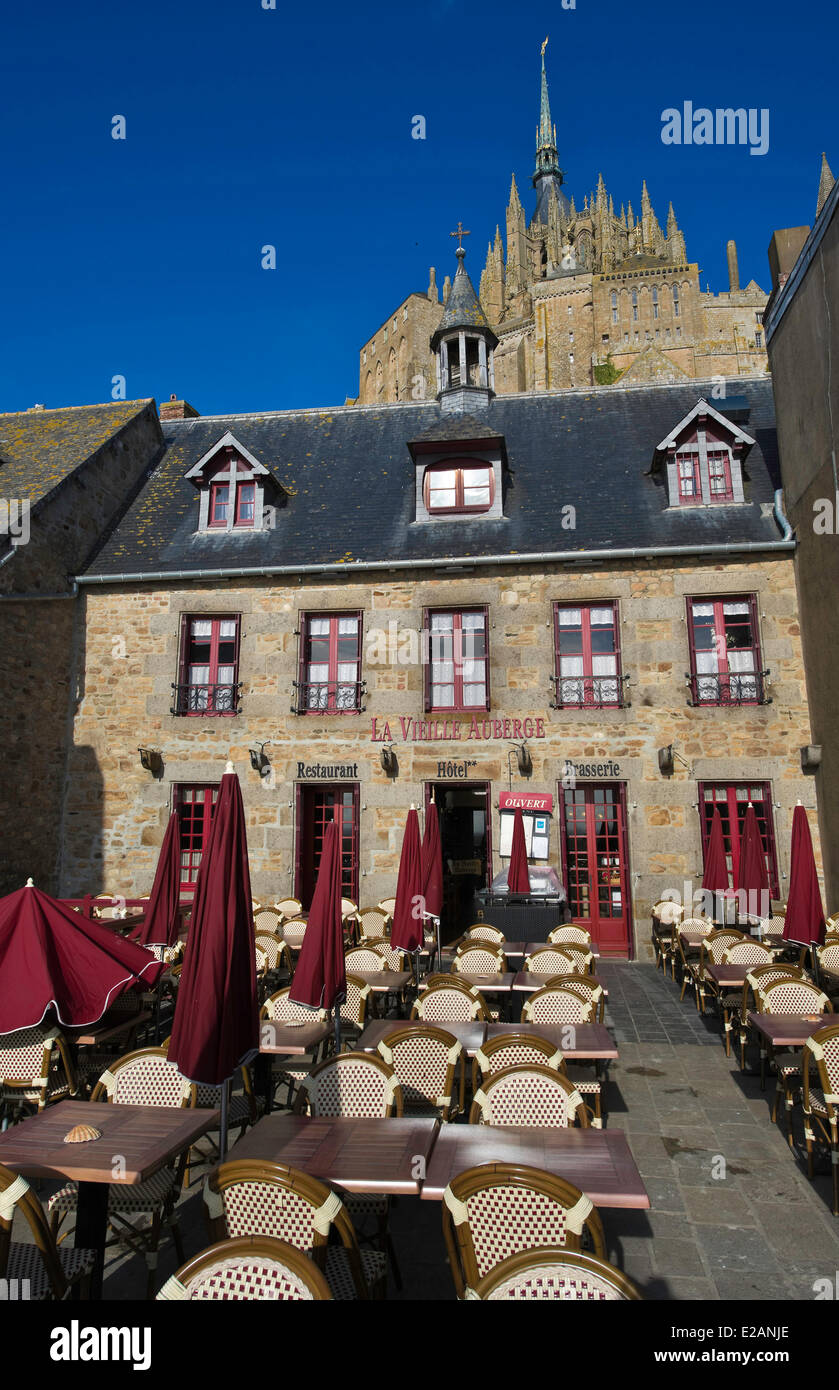 Bucht des Mont Saint Michel, Frankreich, Manche Weltkulturerbe von UNESCO, Mont Saint Michel, La Vieille Auberge restaurant Stockfoto