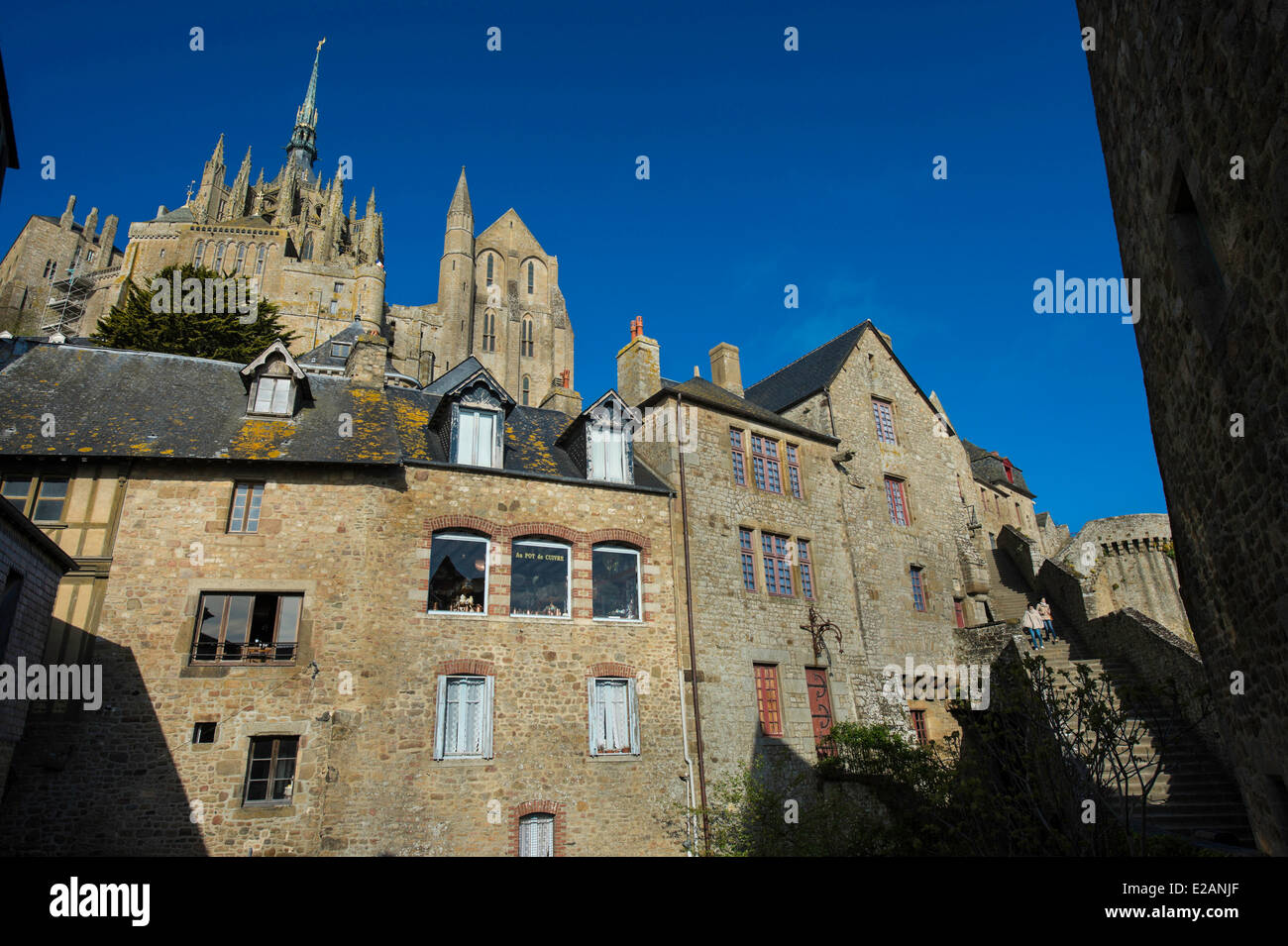 Bucht des Mont Saint Michel, Frankreich, Manche Weltkulturerbe von UNESCO, Mont Saint Michel, das Kloster und das Dorf Stockfoto