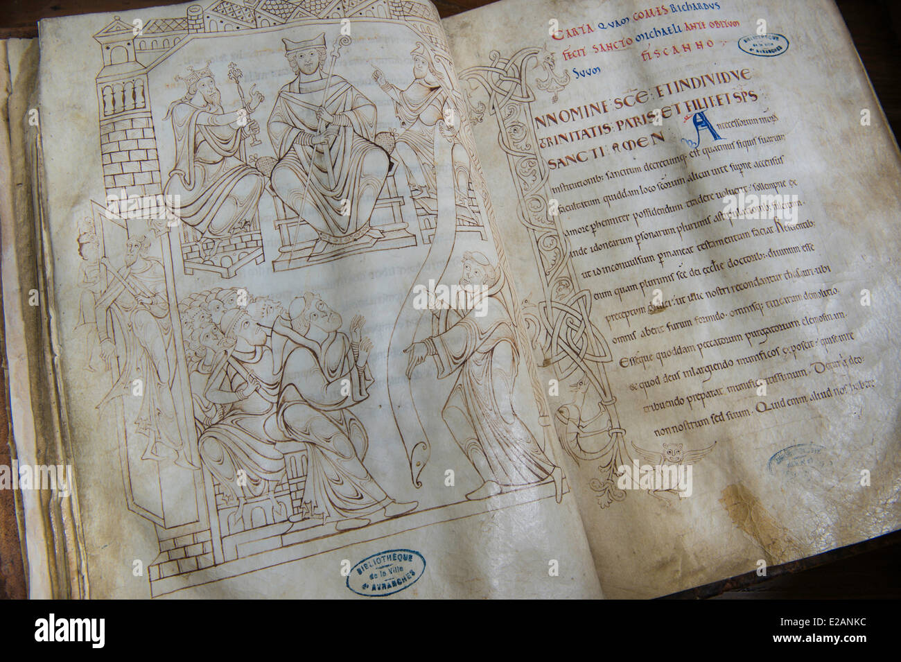 Frankreich, Manche, Avranches, der Scriptorial, Mont Saint Michel Manuskripte Museum, Mont Originalhandschriften, Kopialbuch der Stockfoto