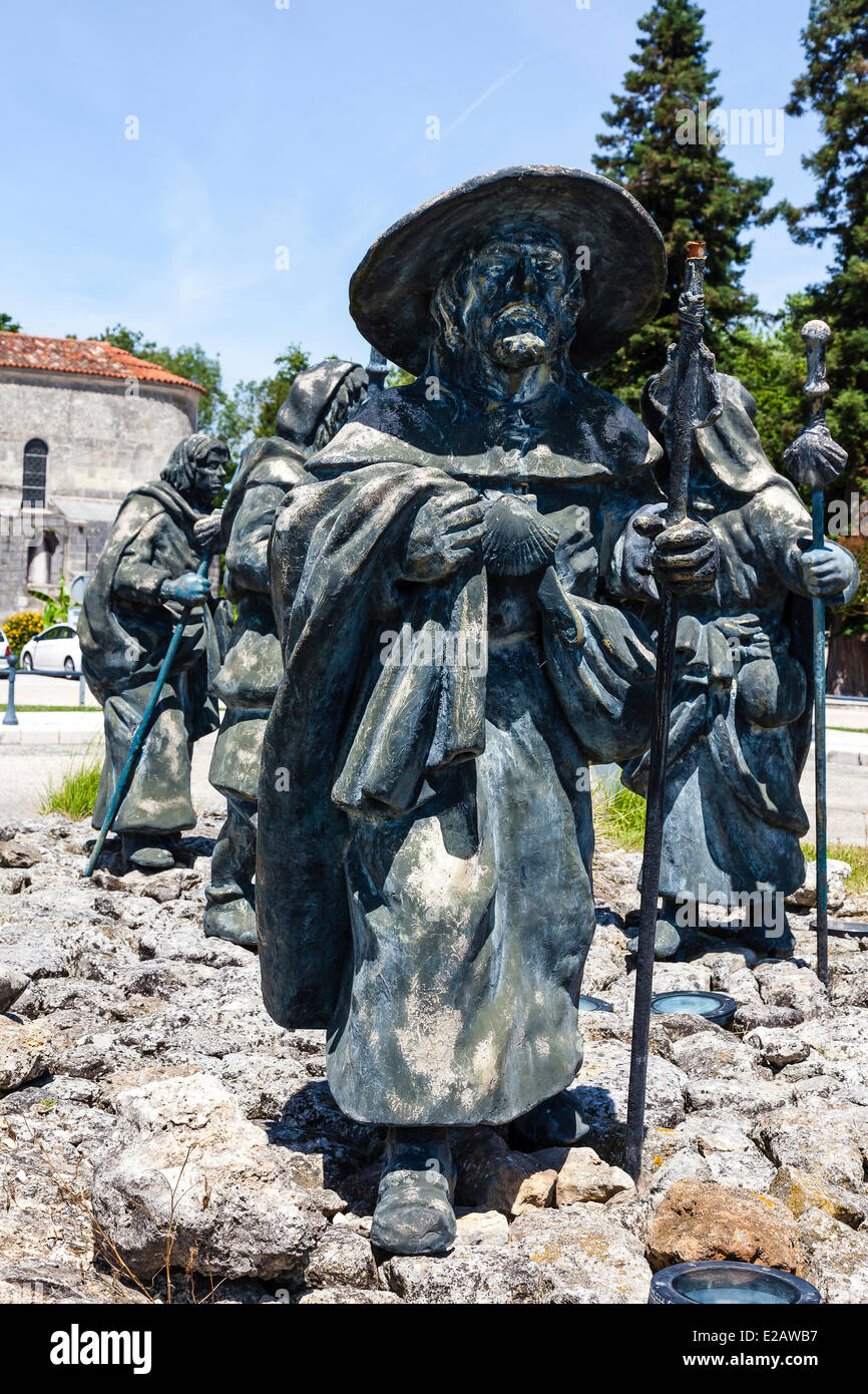 Frankreich, Charente Maritime, Pons, Statuen der Pilger auf dem Weg von Saint James, als Weltkulturerbe der UNESCO gelistet Stockfoto