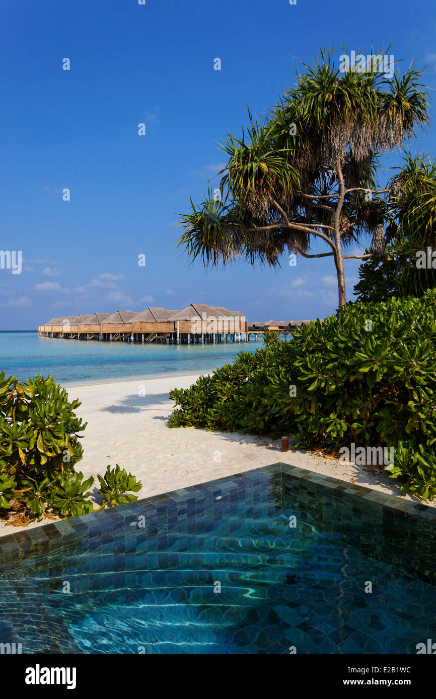 Malediven, Baa Atoll, Anantara Kihavah Villas Hotel, Bungalows auf Pfählen, die aus einem Wimming Pool mit überquellenden gesehen Stockfoto