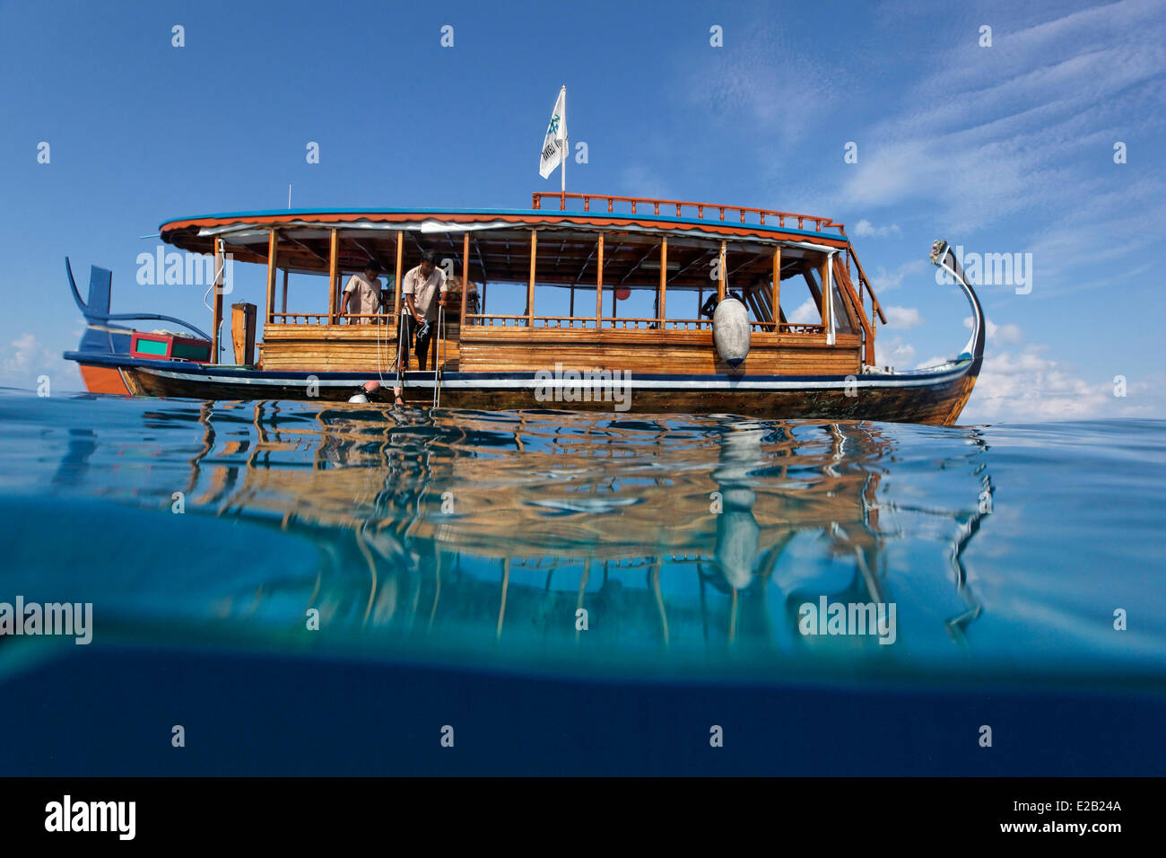 Malediven, Boot zum Tauchen, dhoni Stockfoto