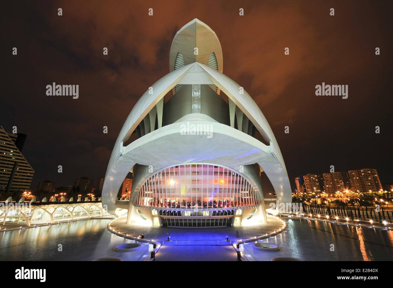 Spanien, Valencia, Stadt der Künste und Wissenschaften in Valencia, Palast der Künste Reina Sofia, der Architekt Santiago Calatavra bei Nacht Stockfoto