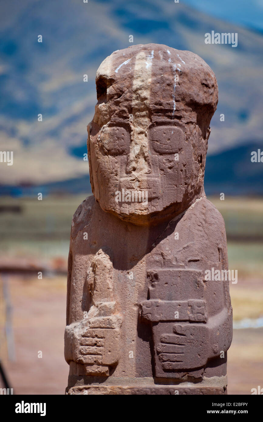 Bolivien, La Paz Department, Tiwanaku präInkaischen archäologische Stätte, Weltkulturerbe der UNESCO, Ponce Stele Stockfoto