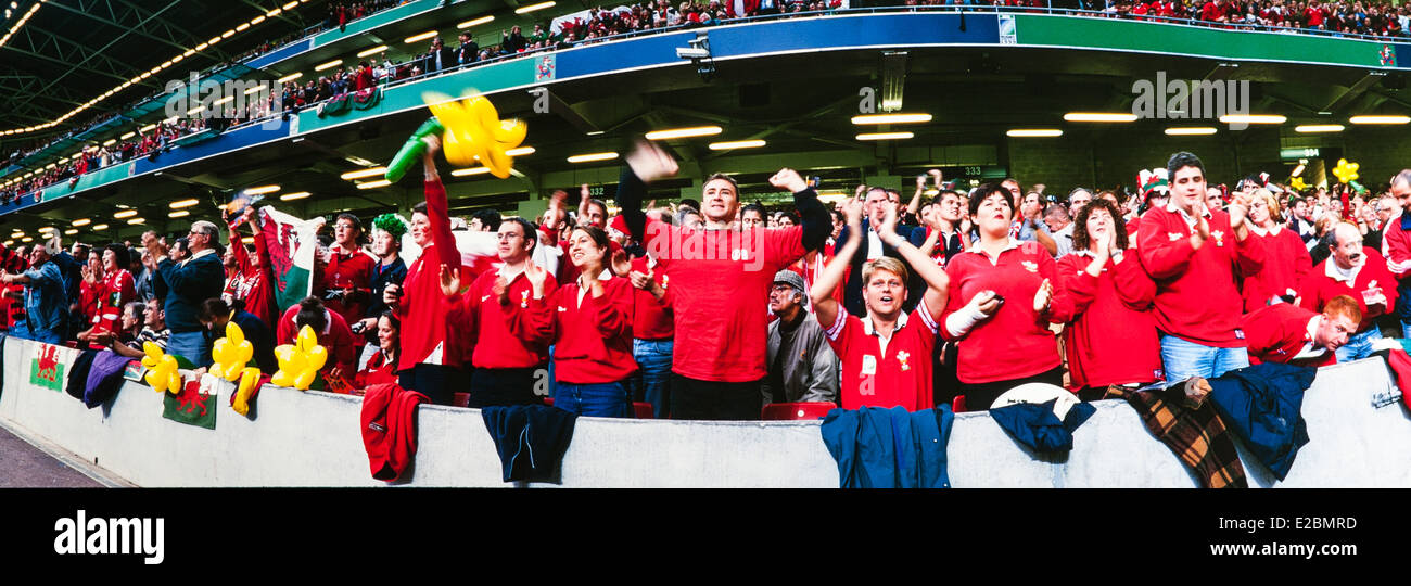 Walisischer Rugby-Fans feiern, Panorama Stockfoto