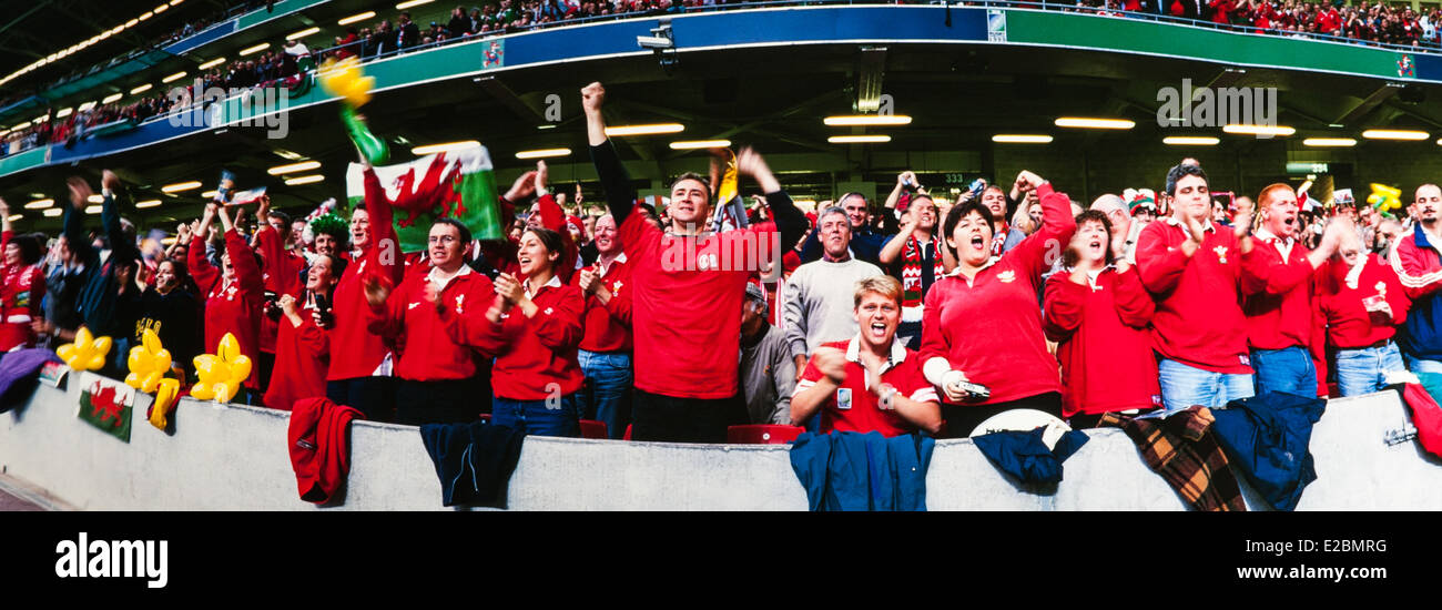 Walisischer Rugby-Fans feiern, Panorama Stockfoto