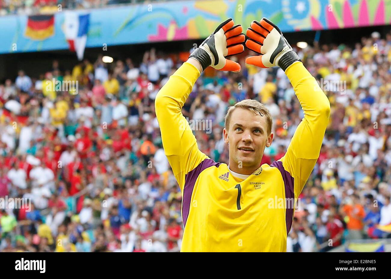 Salvador da Bahia, Brasilien. 16. Juni 2014. Manuel NEUER DFB 1 Jubel, Freude, Schlagzeuggeschäft, Feiern, Lachen, Jubelt, Freuen, Reisst die Arme Hoch, Ballt Die Faust-DEUTSCHLAND - PORTUGAL FIFA Fussball WM Armeesportler bin 16.06.2014 in SALVADOR, BRASILIEN Credit: Peter Schatz/Alamy Live News Stockfoto