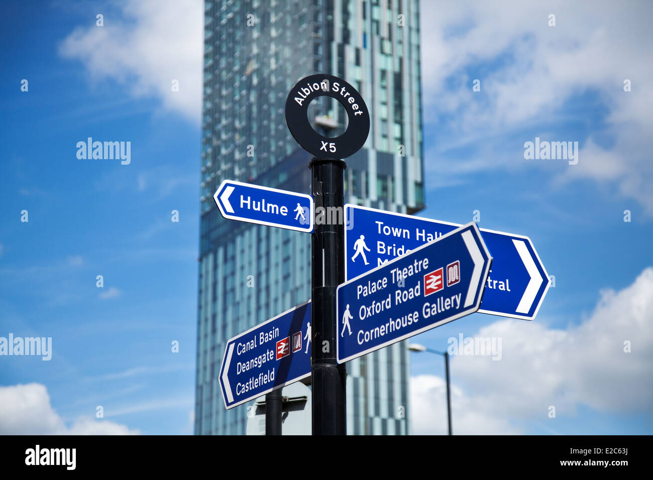 Vier Richtungstasten touristische Wegweiser Straßenschild zu unterschiedlichen Zielen, in Albion Street, mit Hilton Hotel, Manchester, UK Stockfoto