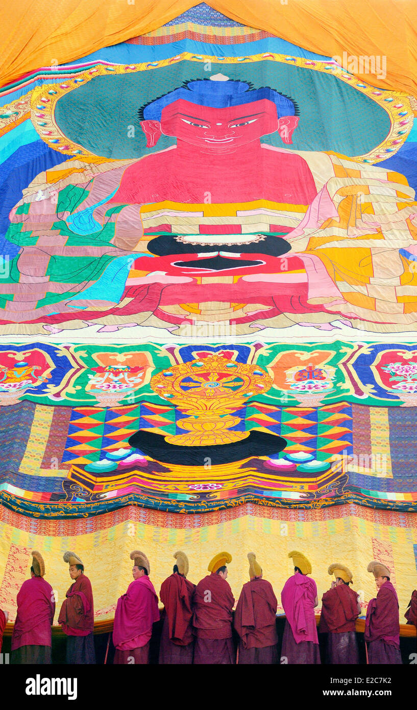 China, Provinz Gansu, Amdo, Xiahe, Kloster Labrang, Losar, Anzeige der riesige Thangka Stockfoto