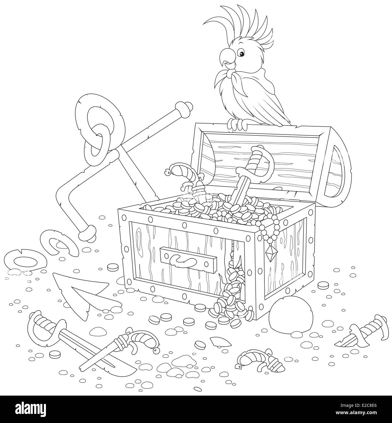 Piraten Papagei und Schatz Brust Stockfoto