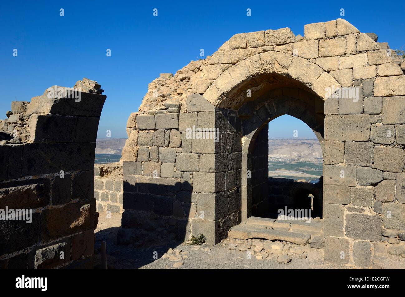 Israel, Northern District, Galiläa, Belvoir Festung ist eine Kreuzfahrer-Festung von Ritter Hospitaller zwischen 1168 und 1189 mit Blick auf den Fluss Jordan-Tal, die Berge von Jordanien im Hintergrund zu halten Stockfoto