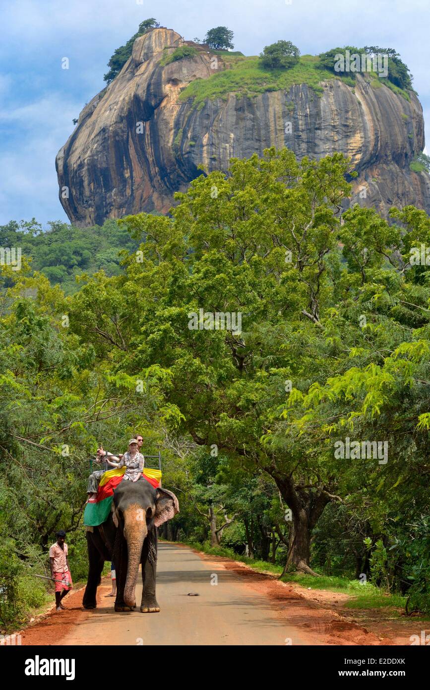 Sri Lanka nördlich-zentralen Provinz Polonnaruwa Bezirk Sigiriya Elefant und seine Mahut auf einer Straße mit dem Rock der Löwen in Stockfoto