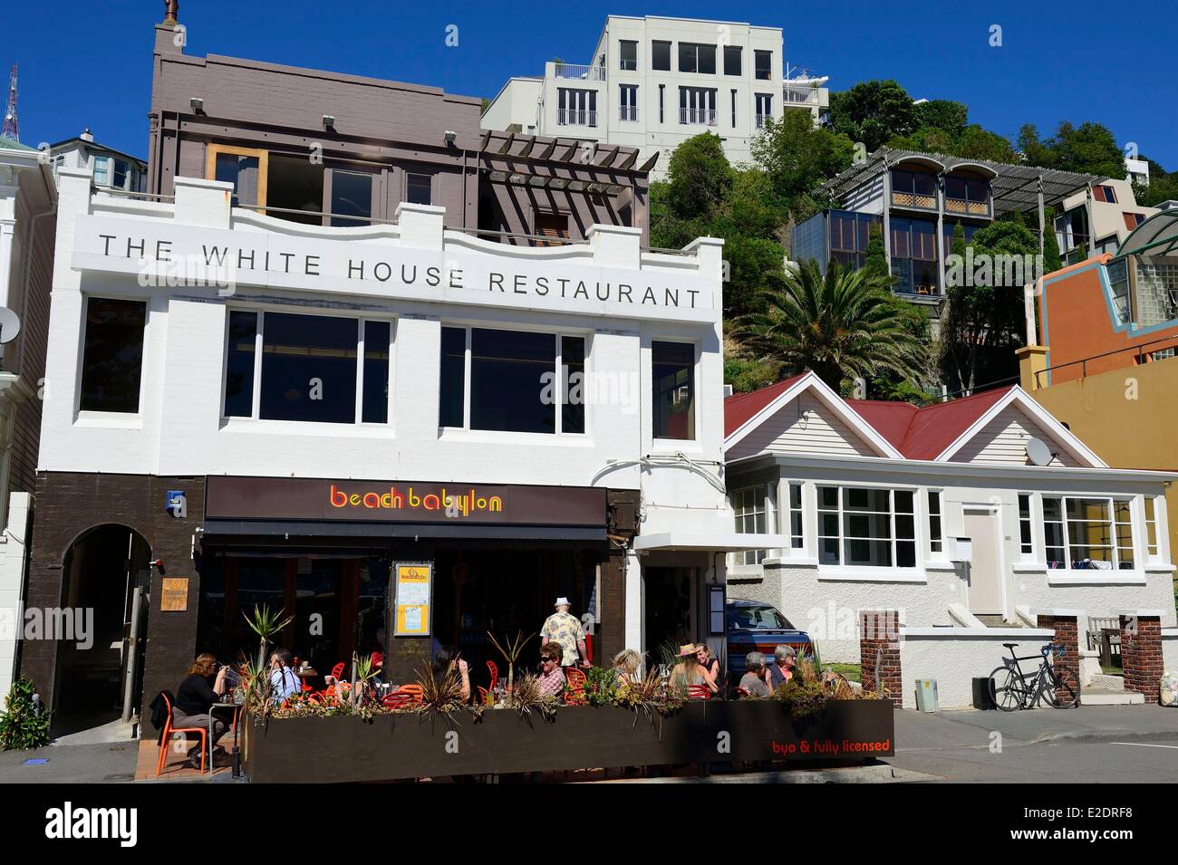 Neuseeland Nord Insel Wellington Oriental Bay bekannt für seine Strände und Cafés Stockfoto