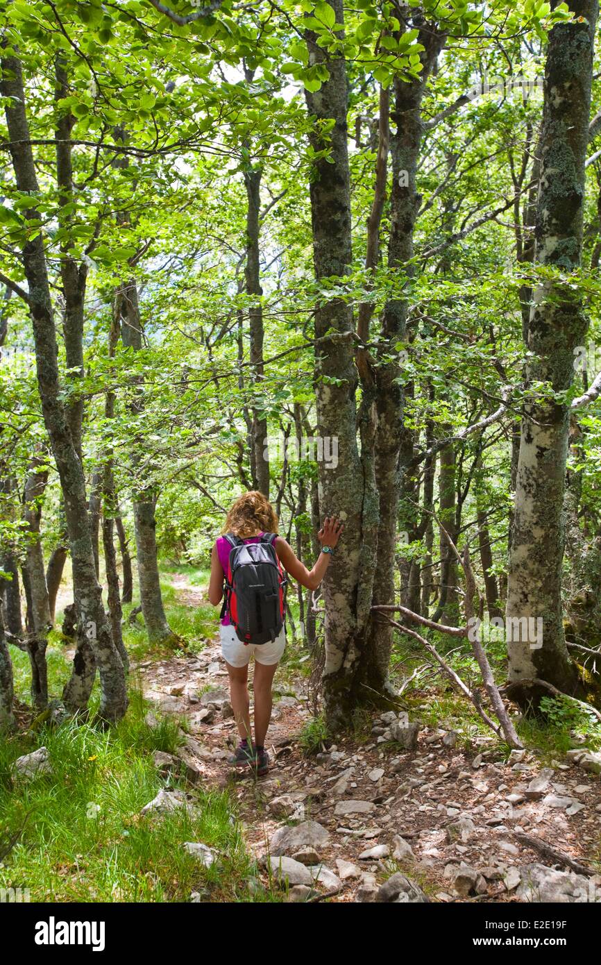 Frankreich-Drome Wald Saou (höchste thront können in Europa) Frau üben Wandern Stockfoto