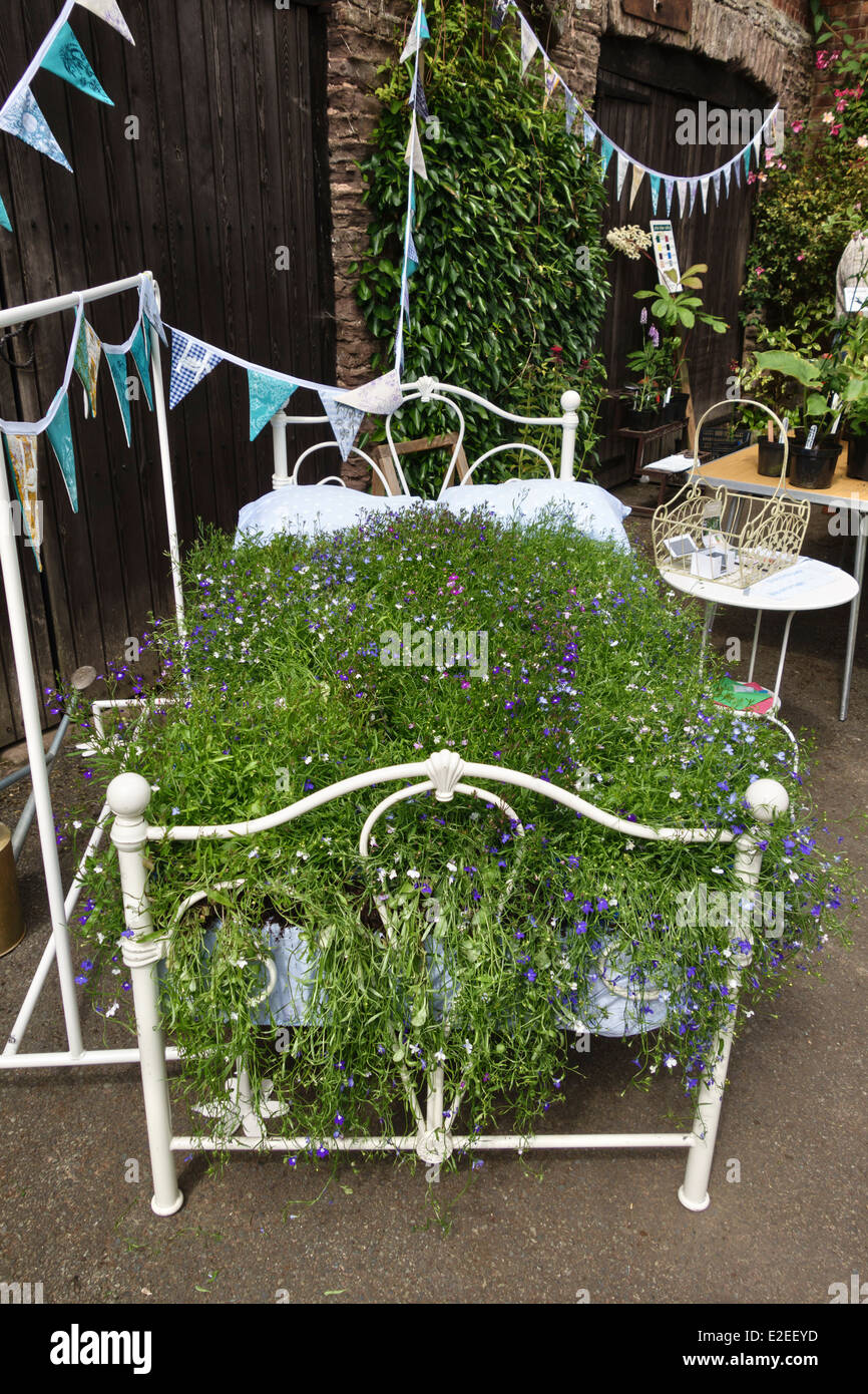 In einem Werk fair (Stockton Bury Gärten, Leominster, Herefordshire, UK). Ein Doppelbett mit Blumen bepflanzt Stockfoto