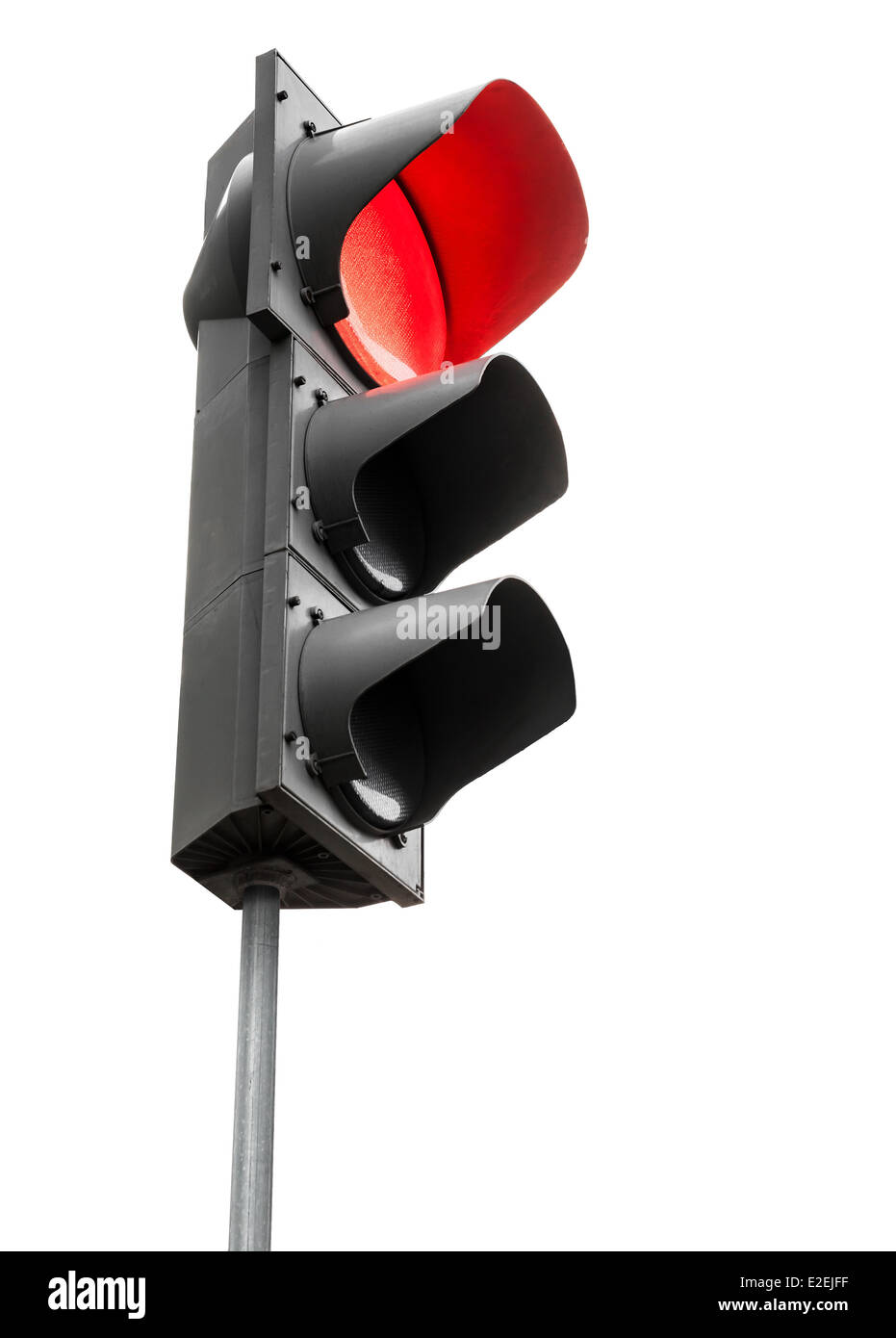 Schwarze Ampel mit roten Stopp-Signal isoliert auf weißem Hintergrund Stockfoto