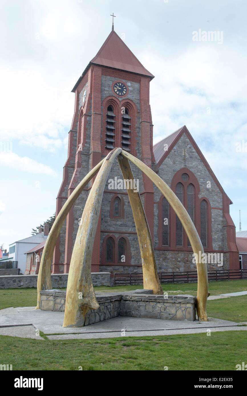 Falklandinseln Stanley Christ Church-Kathedrale mit einem großen Torbogen aus dem Kieferknochen ein Blauwal anglikanische Kirche gemacht Stockfoto