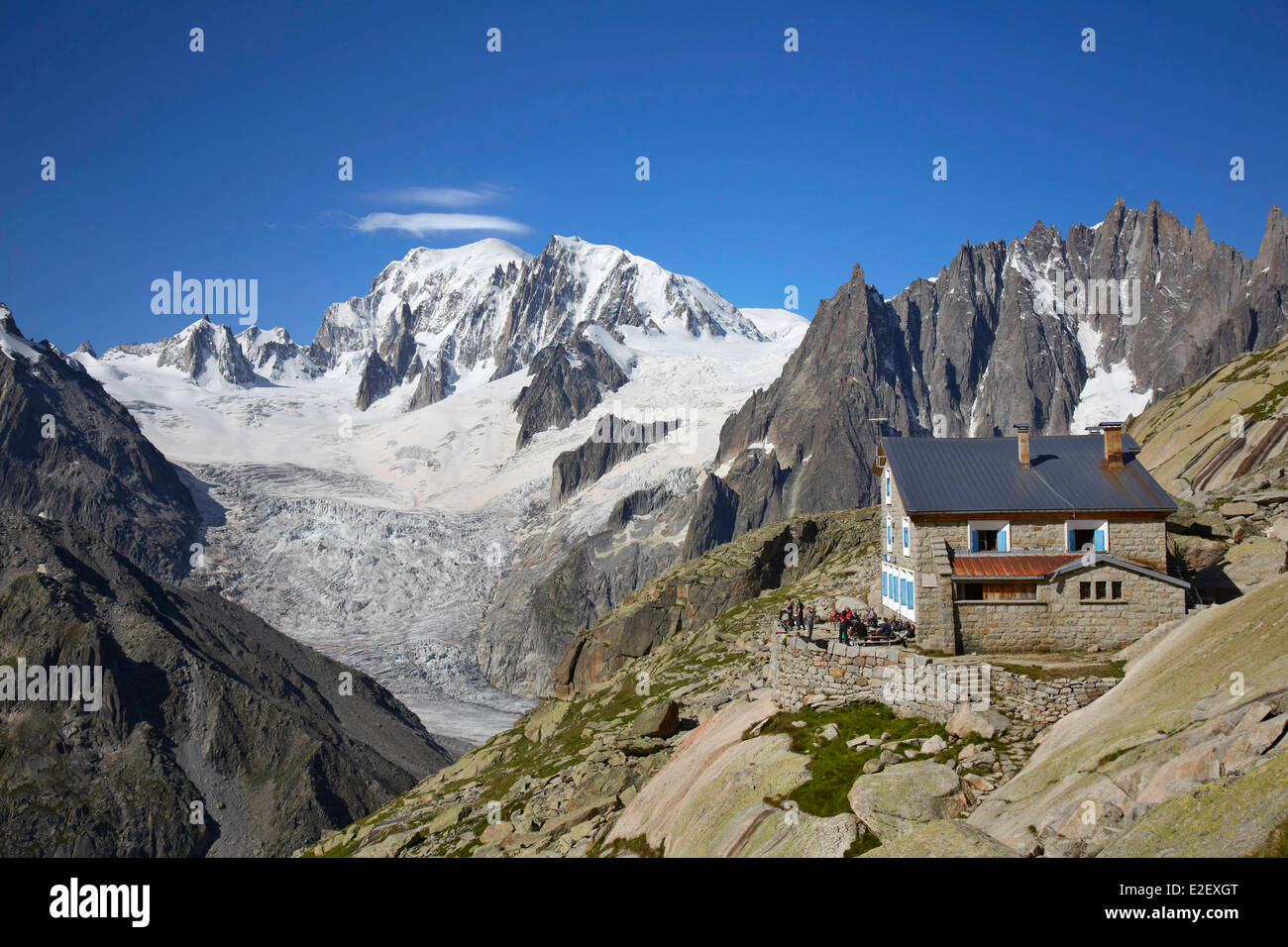 Frankreich, Haute Savoie, Chamonix, Mont Blanc (4810m) bei Sonnenuntergang, Refuge du Couvercle, Mont-Blanc-Massiv Stockfoto