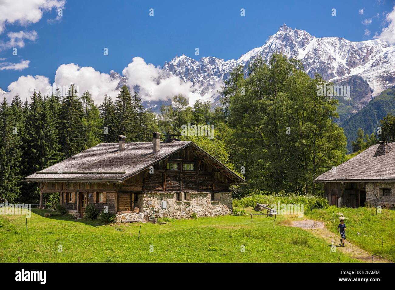 Frankreich Haute Savoie Les Houches Ortsteil hohen Alm des Charousse mit Blick auf das Massif du Mont Blanc und der Aiguille du Stockfoto