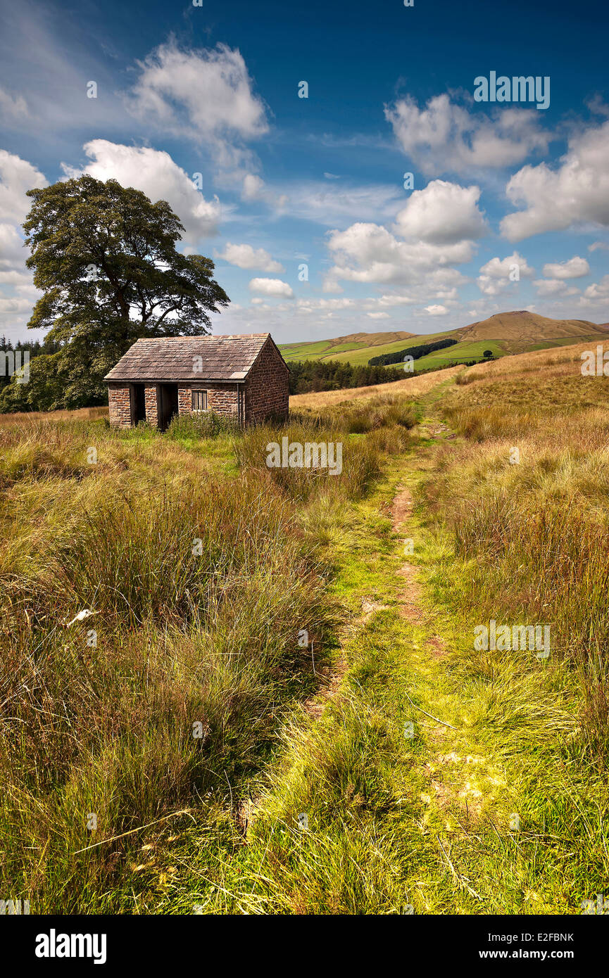 Alte Stein-Scheune mit Blick auf Shutlingsloe, Peak District National Park, Cheshire, Stockfoto