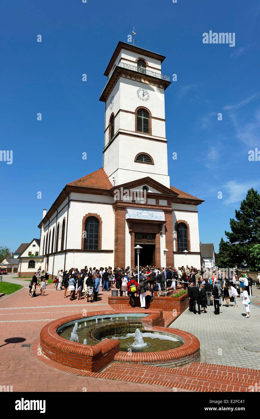 Frankreich, Bas Rhin, Drusenheim, Ried Nord evangelische Kirchgemeinde, Bestätigung 2013, Kirche von Drusenheim Stockfoto