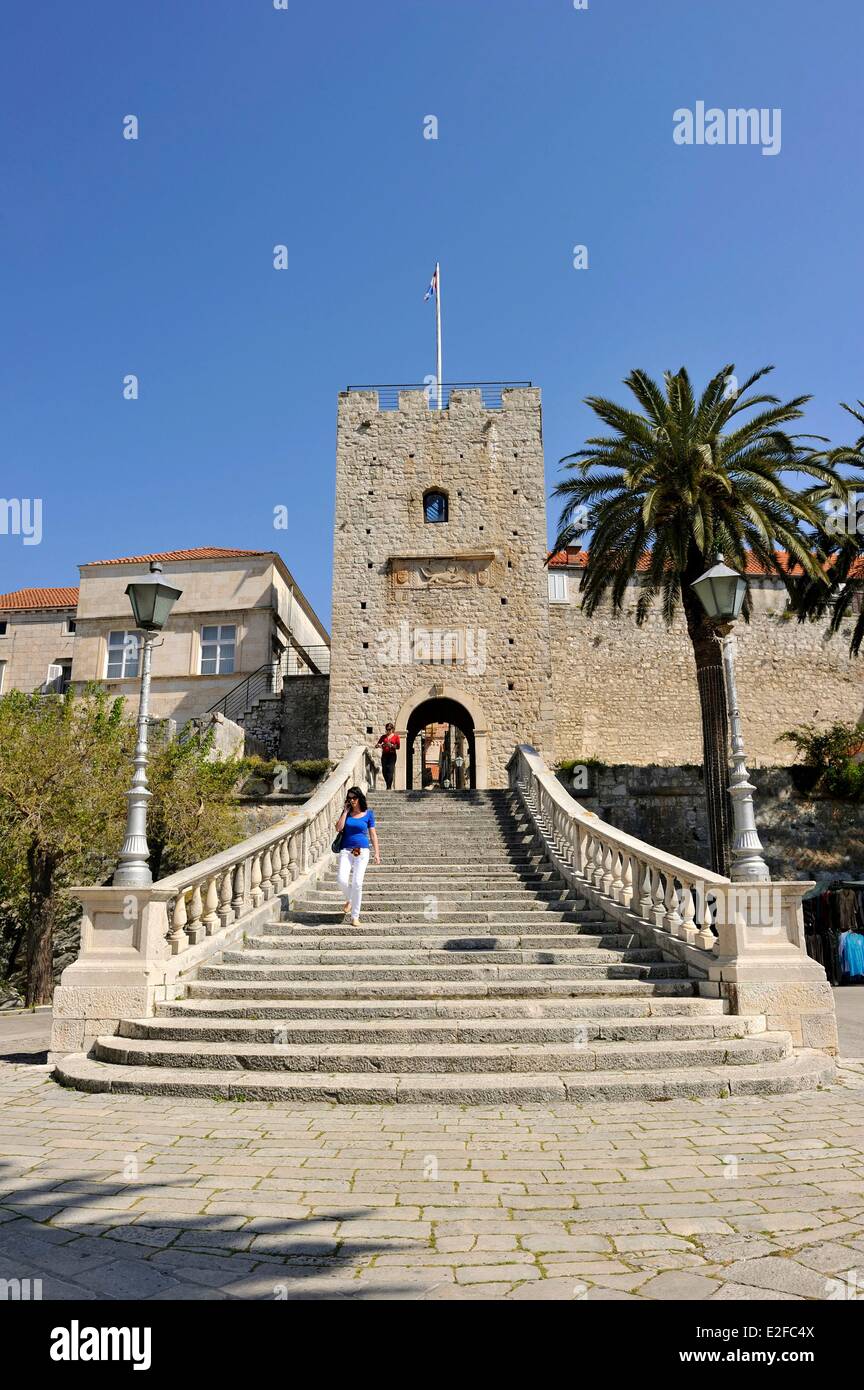 Kroatien, Dalmatien, dalmatinische Küste, Insel Korcula, Korcula Stadt, der Turm der großen Revelin Stockfoto