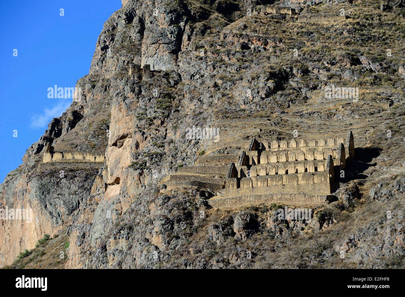 Peru, Cuzco Provinz, Inkas Heiliges Tal, Ollantaytambo Inka-Stätte, Pinkuylluna Läden Stockfoto