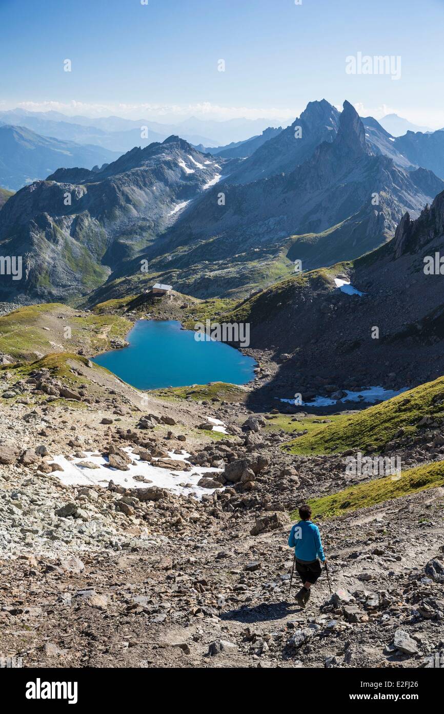 Frankreich Savoie Beaufortain Massif La Cote d'Aime Lac de Presset und Presset Hütte (2514 m) mit Blick auf La Pierra Menta (2714 Stockfoto