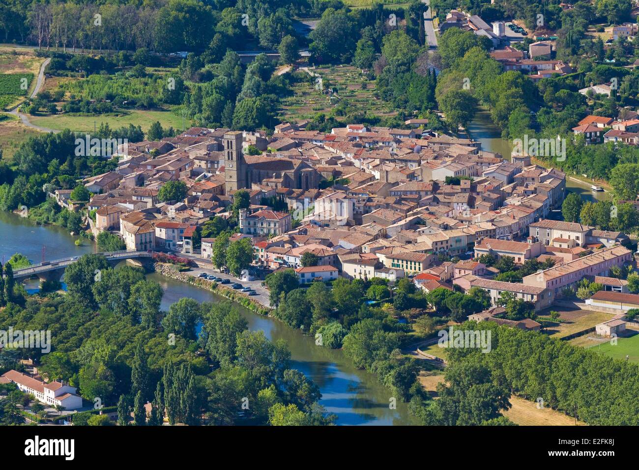 Frankreich, Aude, Trebes, Canal du Midi als Weltkulturerbe von der UNESCO (Luftbild) aufgeführt Stockfoto