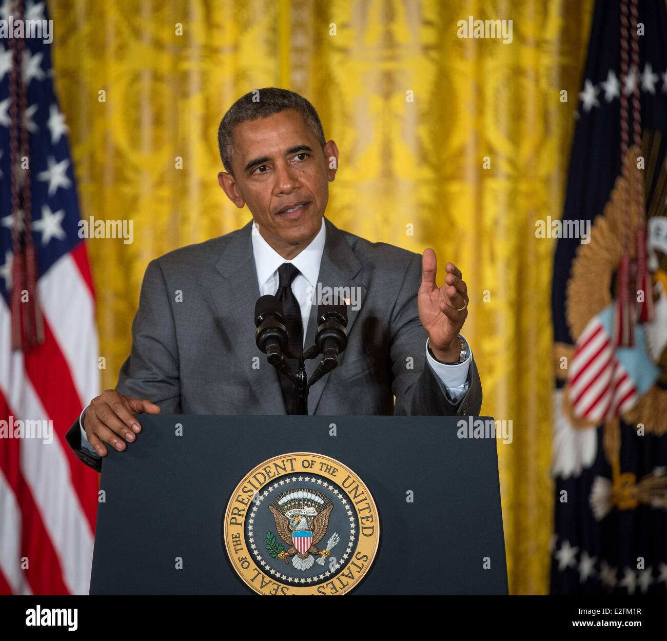 US-Präsident Barack Obama liefert seine Bemerkungen zu der ersten immer weiße Haus Maker Faire, die zusammenführt, Studenten, Unternehmer und Alltag der Bürger die neue Tools und Techniken verwenden, um neue Geschäfte im Weißen Haus 18. Juni 2014 in Washington, D.C. starten. Stockfoto