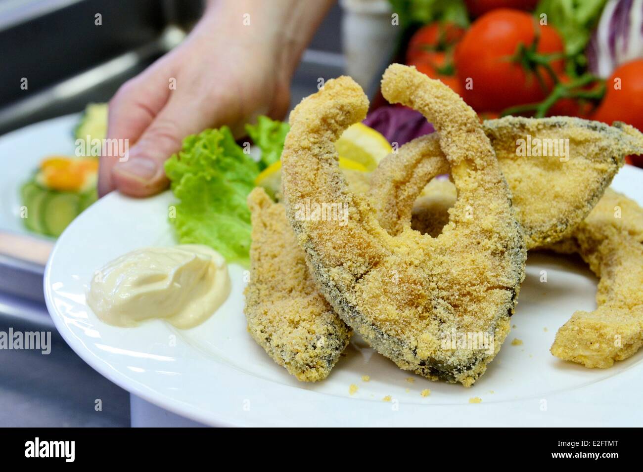 Frankreich Haut Rhin Sundgau Hirsingue Auberge des Trois Vallees Gericht aus gebratenen Karpfen Stockfoto