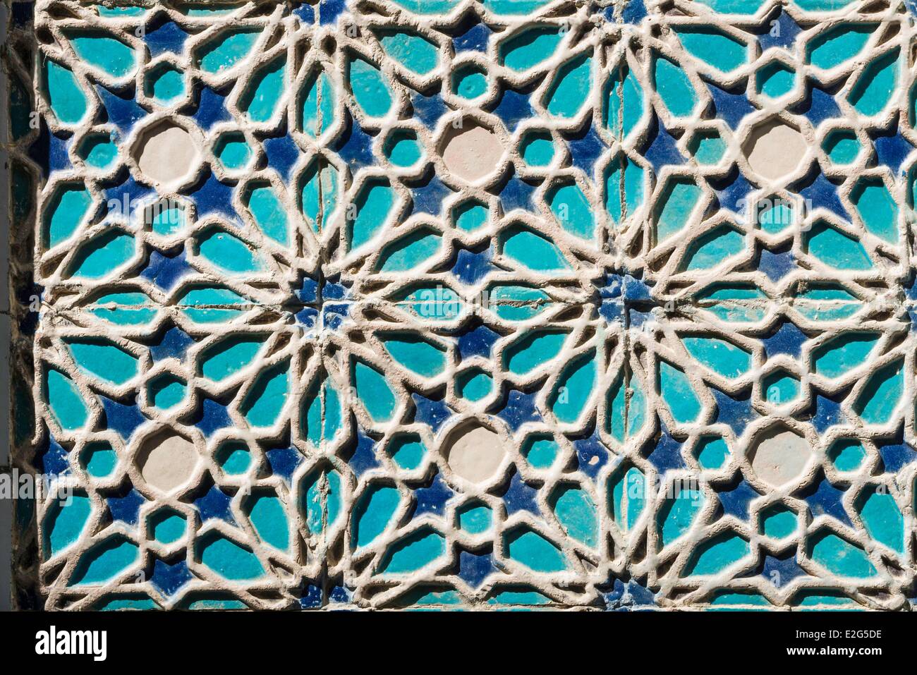 Usbekistan-Seidenstraße-Samarkand Weltkulturerbe von UNESCO Shah I Zinda Nekropole Mosaik detail Stockfoto