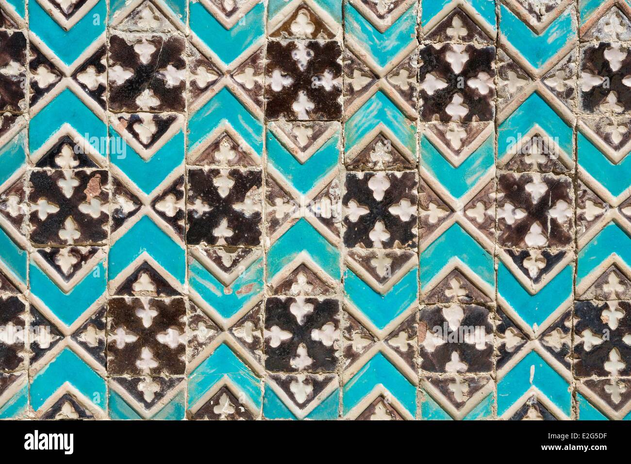 Usbekistan-Seidenstraße-Samarkand Weltkulturerbe von UNESCO Shah I Zinda Nekropole Mosaik detail Stockfoto