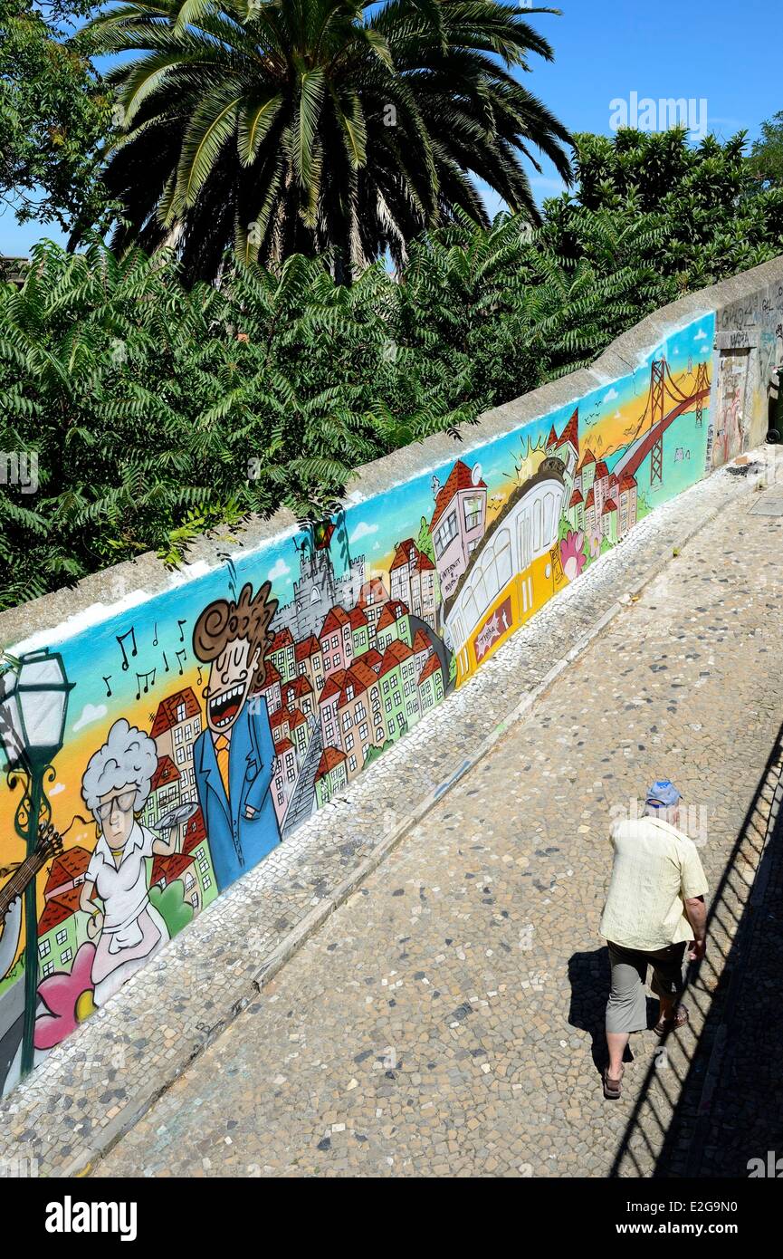 Portugal Lissabon Alfama Viertel Fresko der Stadt Hauptzentren der Attraktionen in Costa Do Castello Straße Stockfoto
